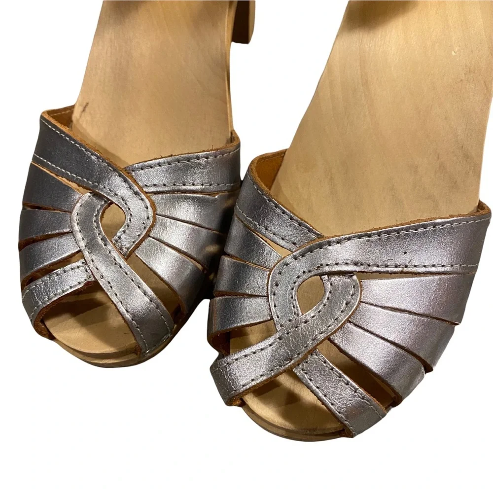 Swedish Hasbeens Silver Leather Clog Sandals
